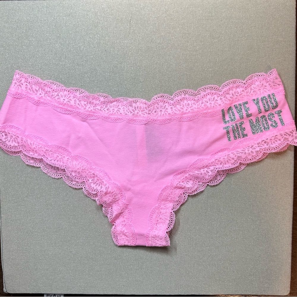 PINK Victoria Secret "LOVE YOU THE MOST" Lace Trim Cheeky Panty